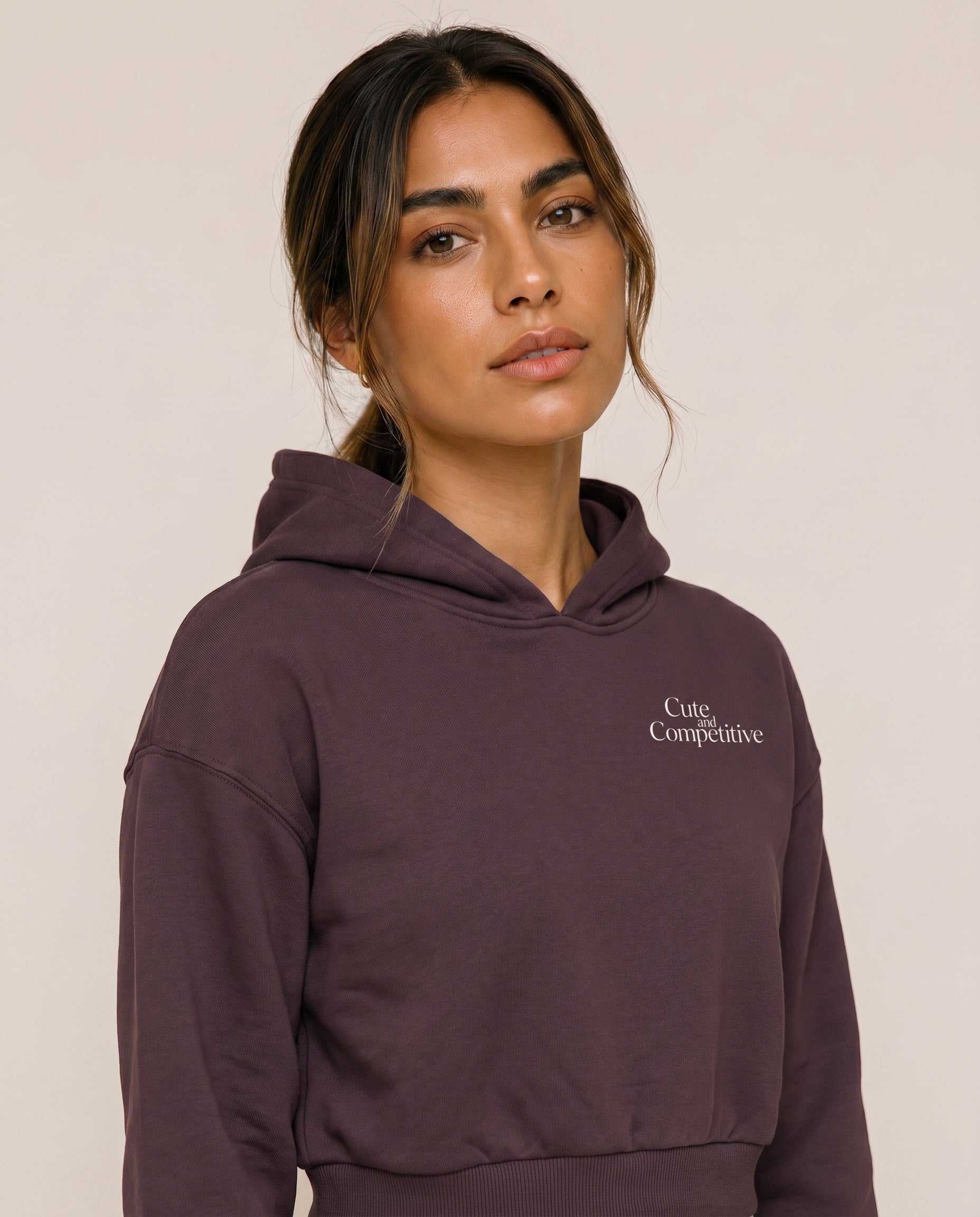 Cute and Competitive Cropped Hoodie - Dark Reddish Purple