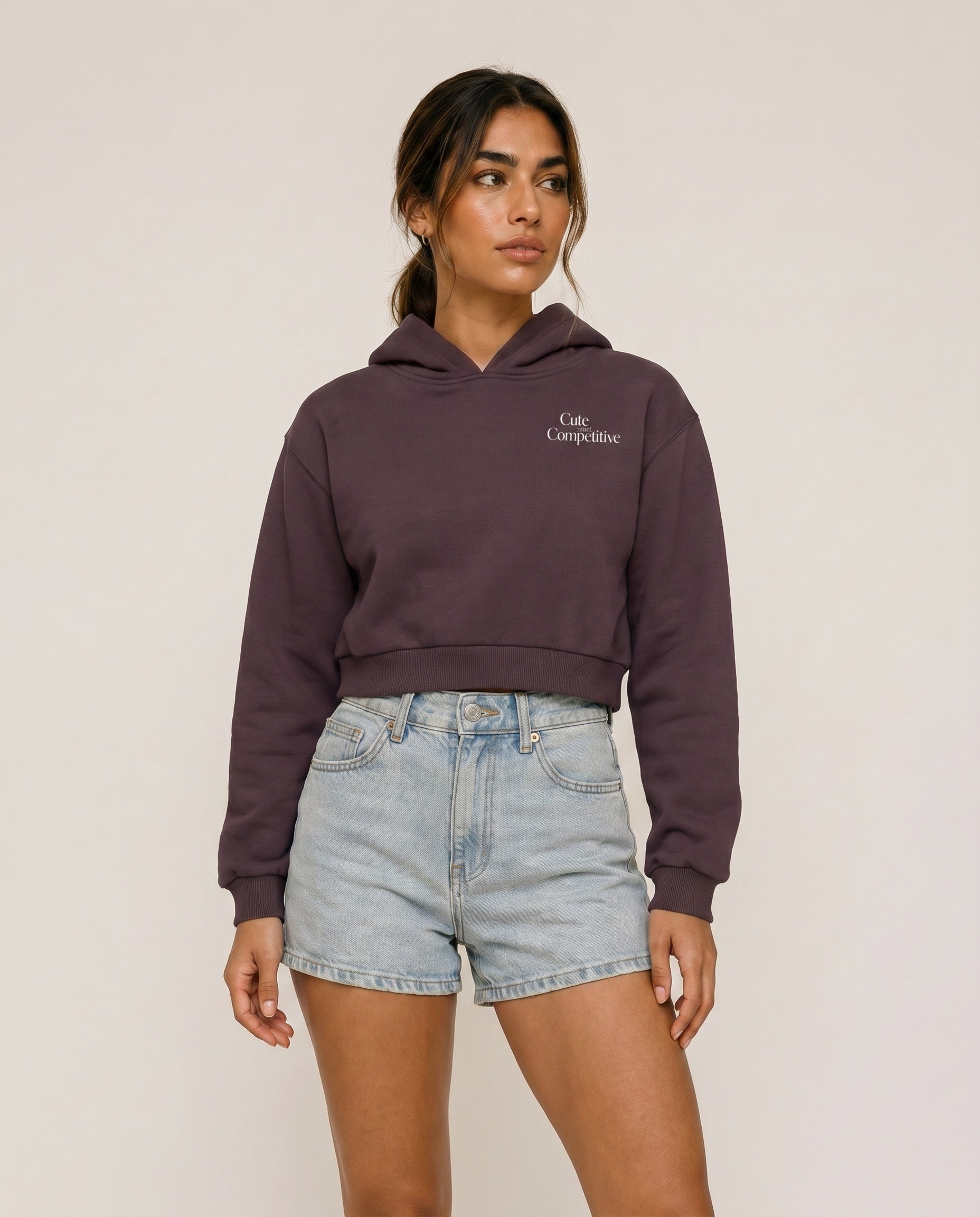 Cute and Competitive Cropped Hoodie - Dark Reddish Purple