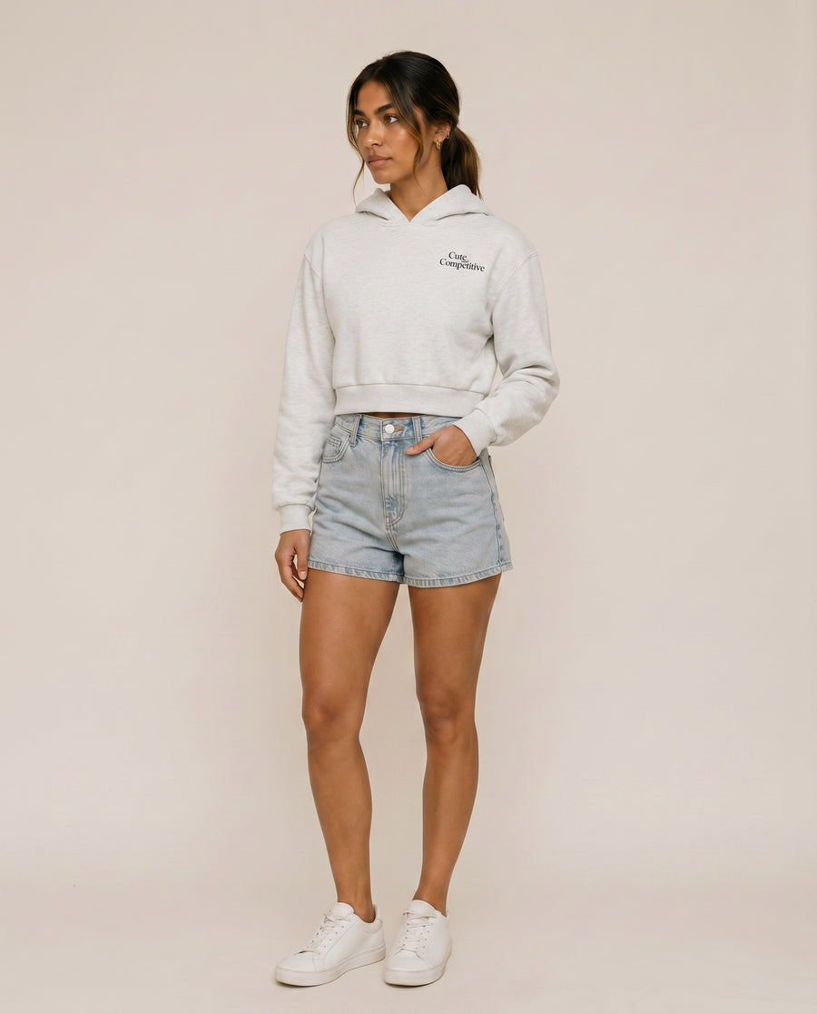 Cute and Competitive Cropped Hoodie - Flower Gray