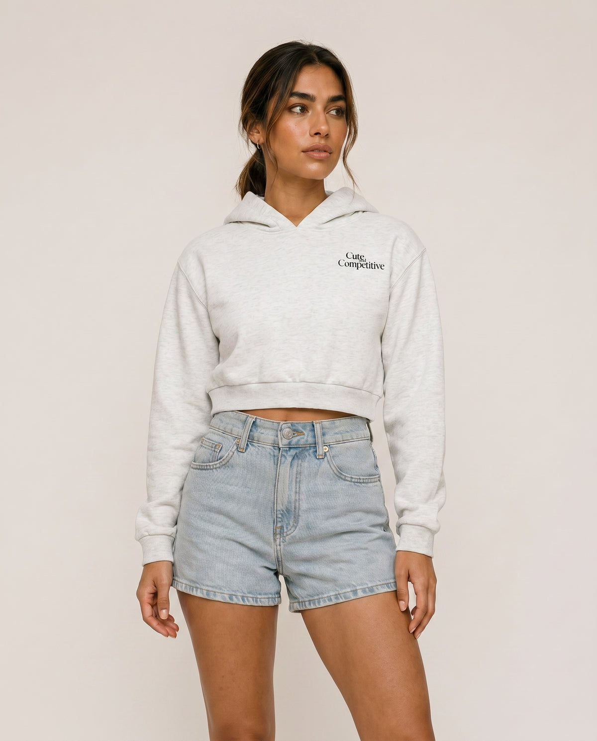 Cute and Competitive Cropped Hoodie - Flower Gray