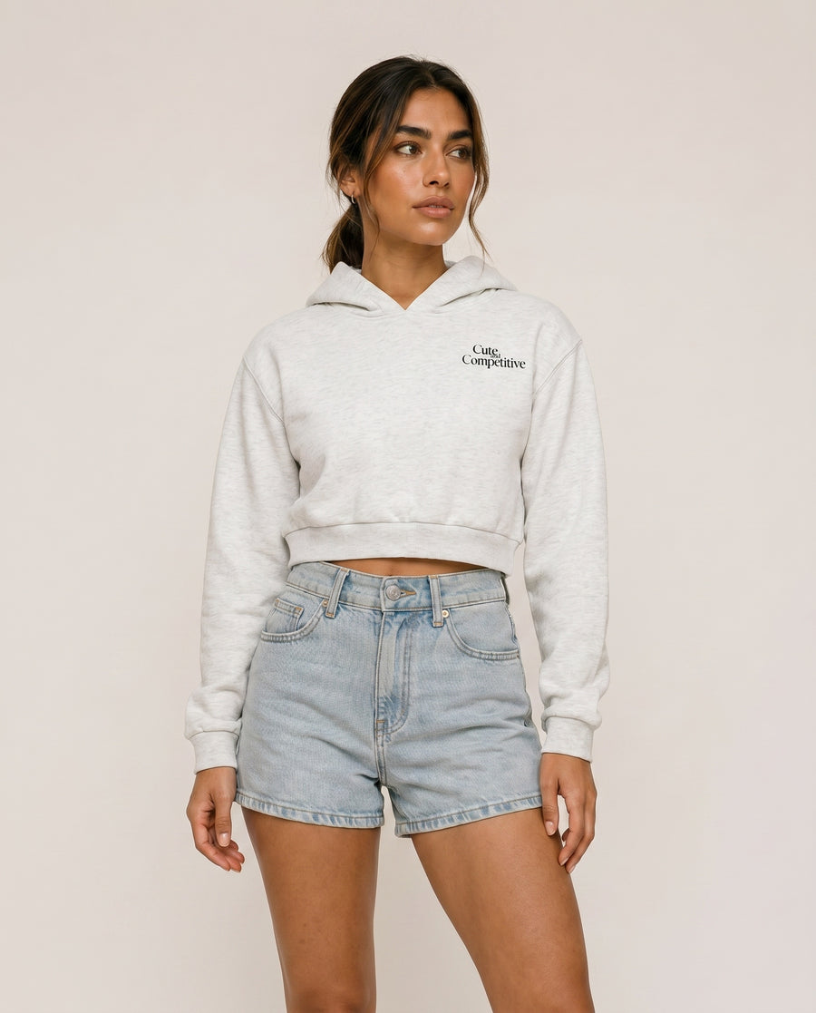 Cute and Competitive Cropped Hoodie - Flower Gray