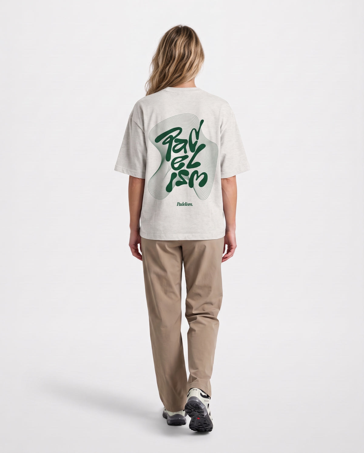 Flow - Heavyweight T-Shirt in Oat Gray, worn on model, woman, back walk