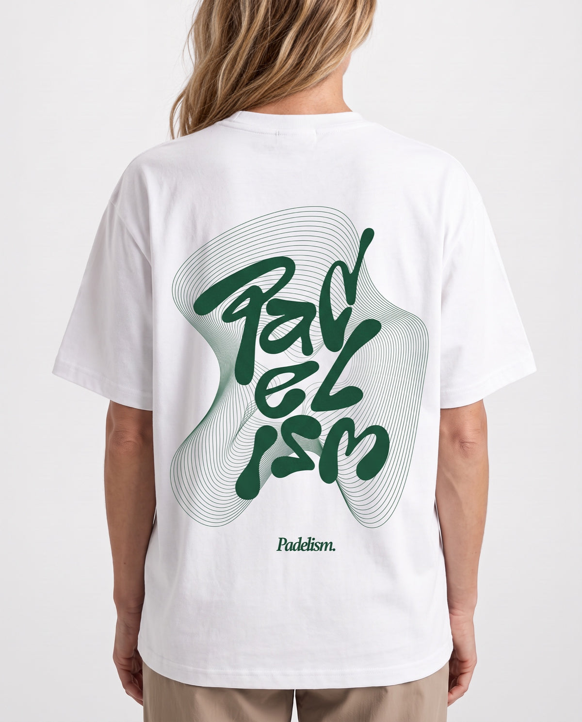 Flow - Heavyweight T-Shirt in White, worn on model, woman, back close