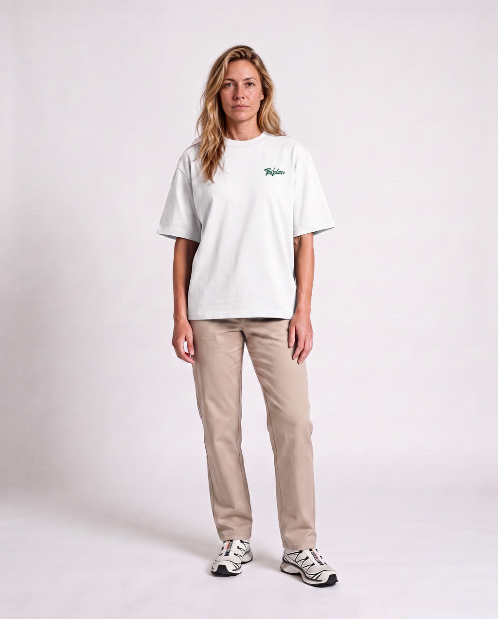 Flow - Heavyweight T-Shirt in White, worn on model, woman, front