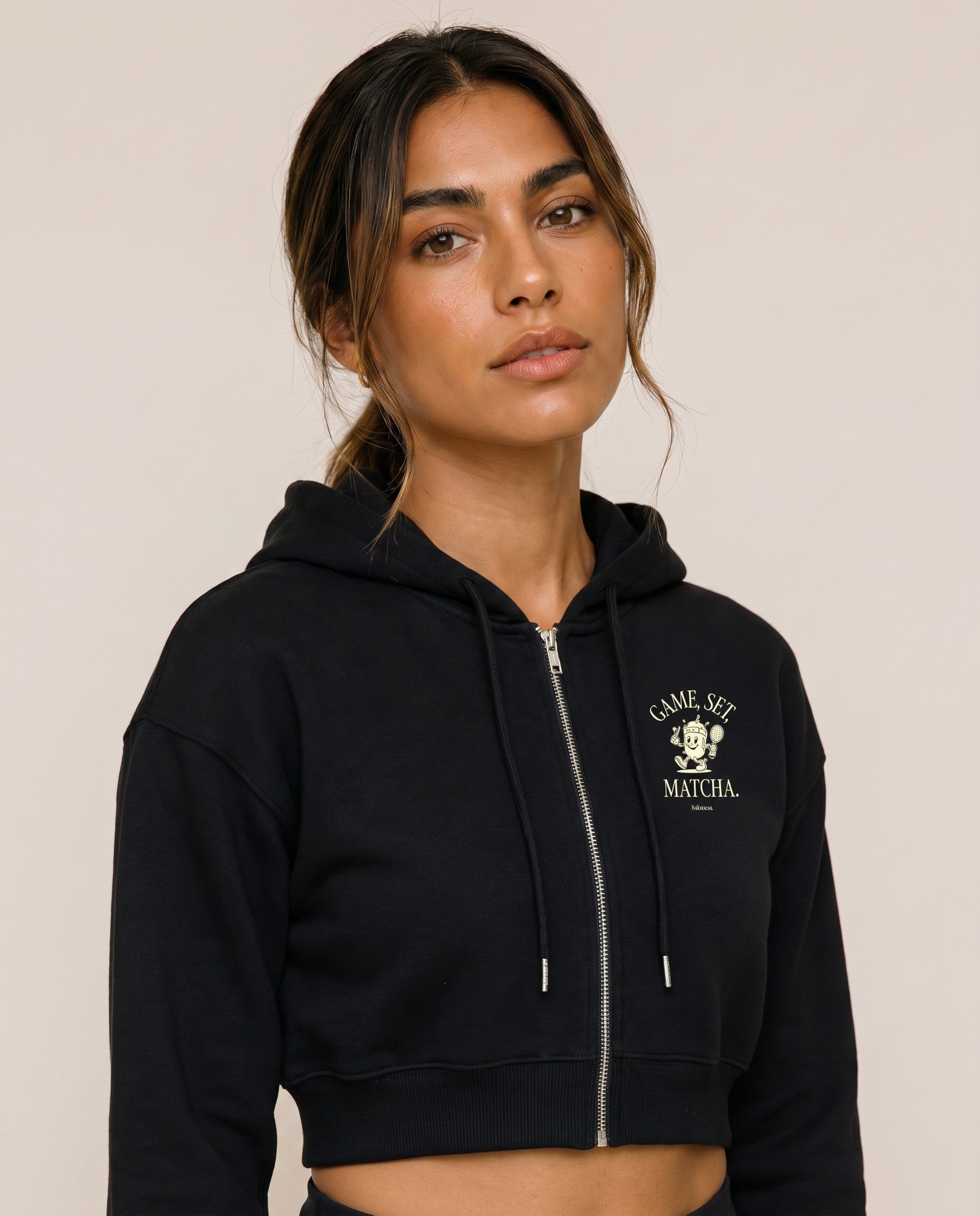 Game, Set, Matcha Cropped Hoodie - Black