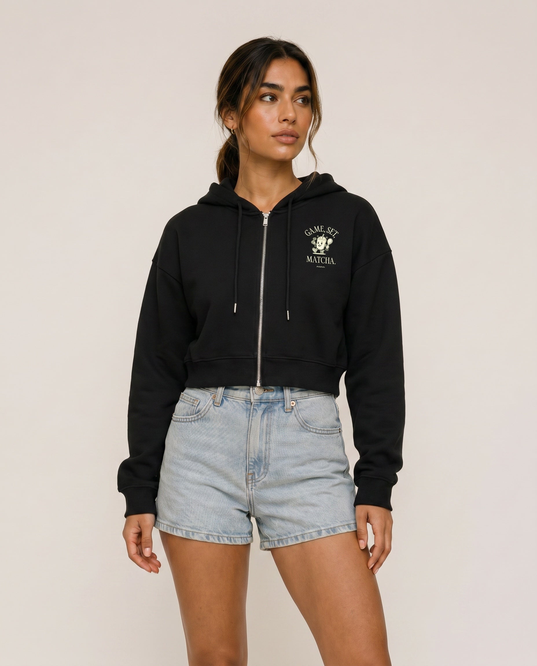 Game, Set, Matcha Cropped Hoodie - Black