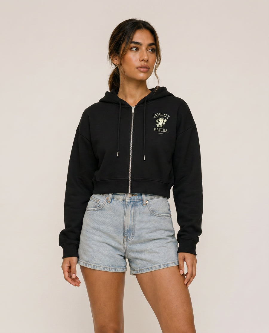 Game, Set, Matcha Cropped Hoodie - Black