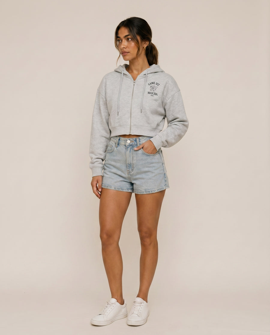 Game, Set, Matcha Cropped Hoodie - Flower Gray