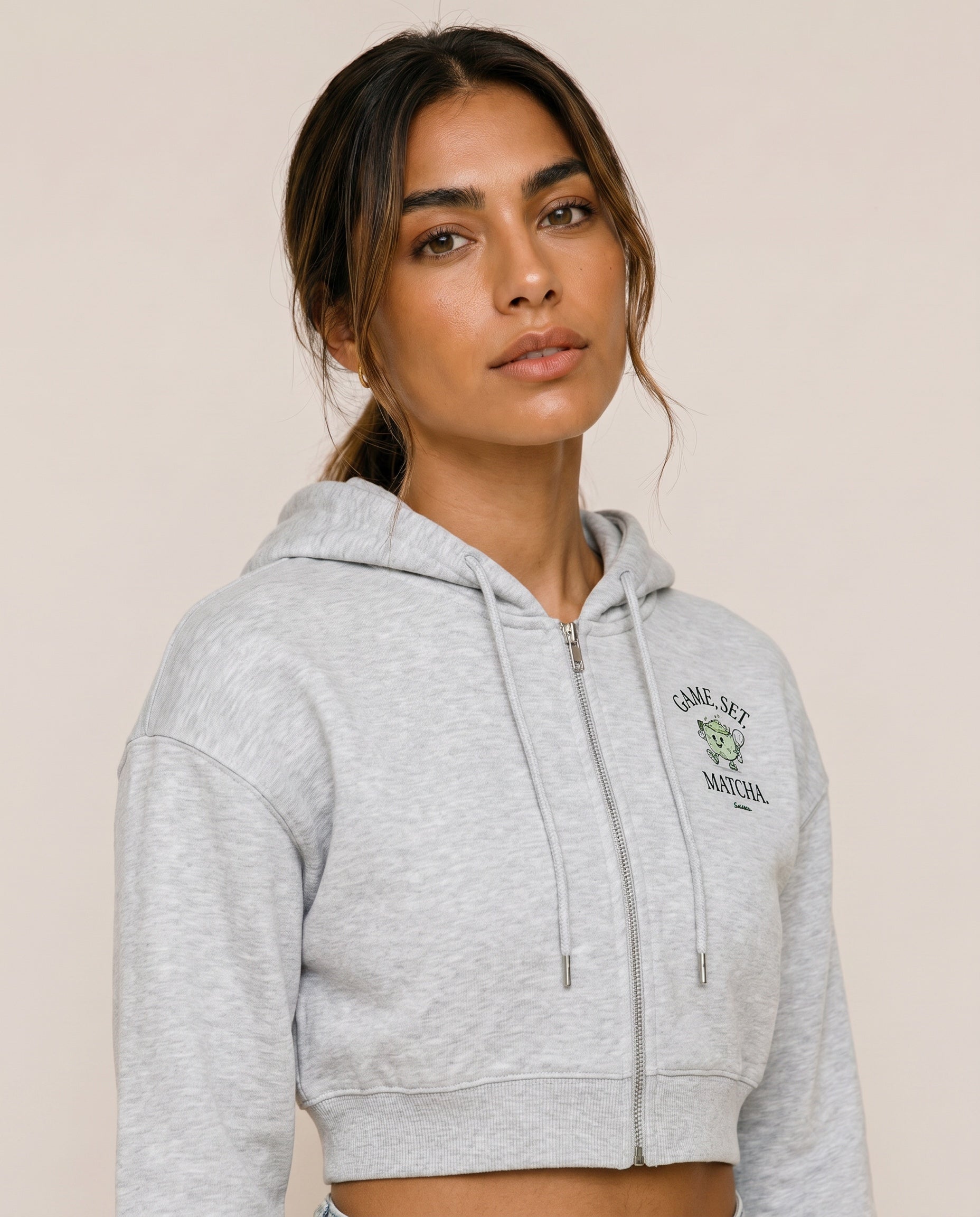 Game, Set, Matcha Cropped Hoodie - Flower Gray