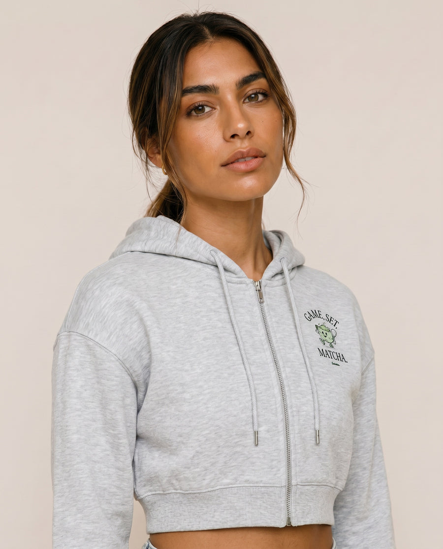 Game, Set, Matcha Cropped Hoodie - Flower Gray