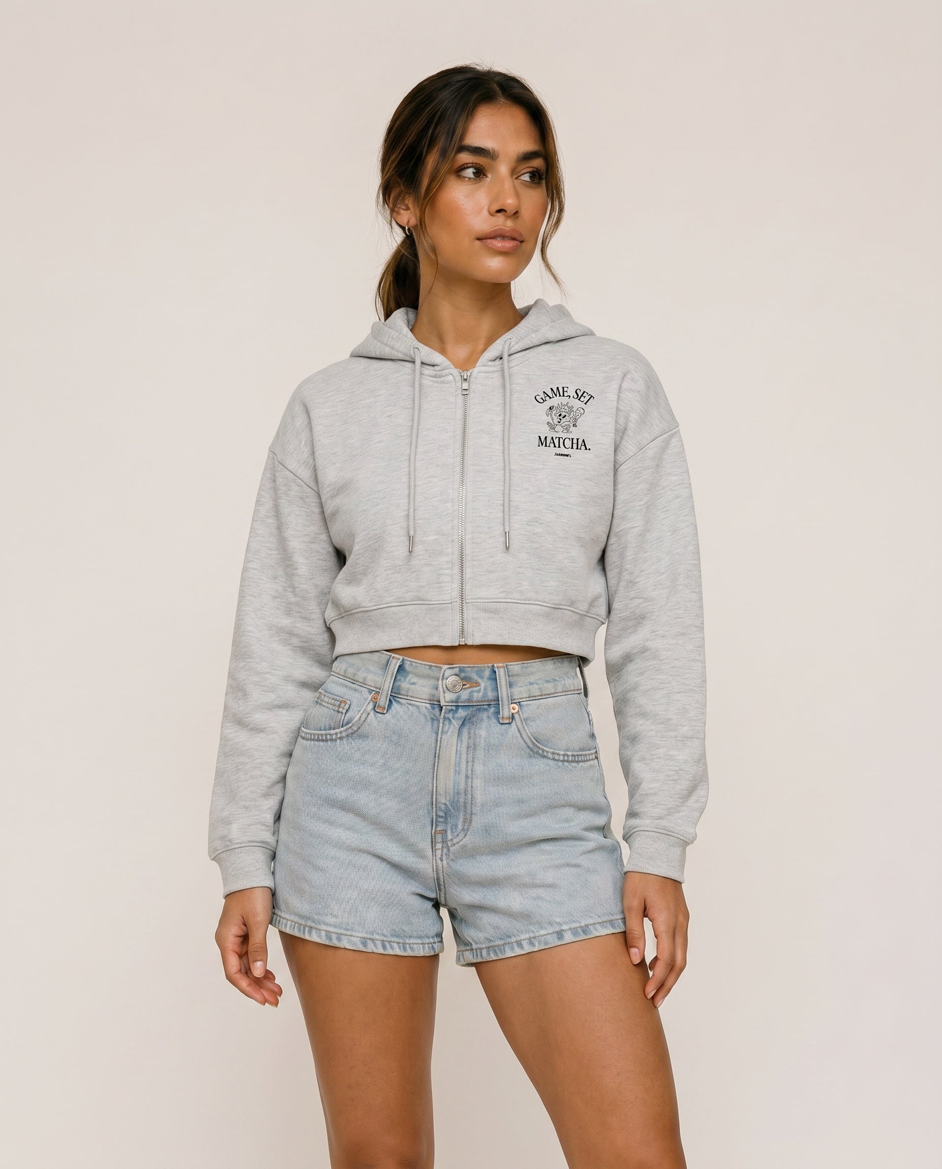 Game, Set, Matcha Cropped Hoodie - Flower Gray