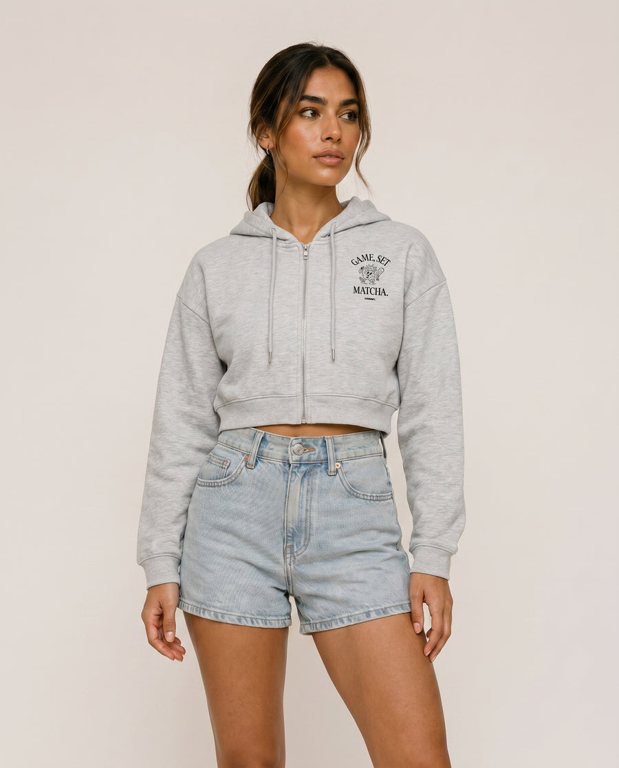Game, Set, Matcha Cropped Hoodie - Flower Gray