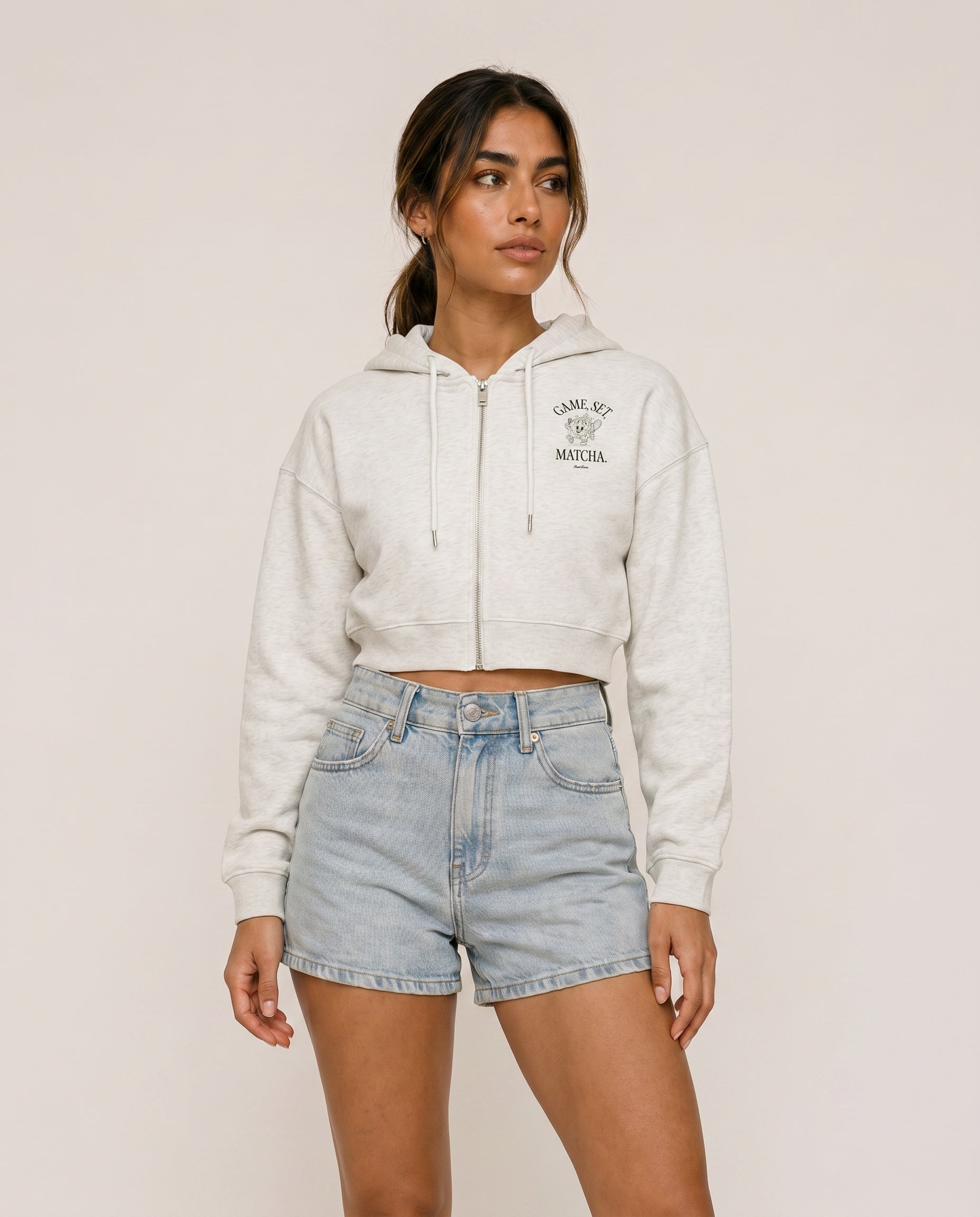 Game, Set, Matcha Cropped Hoodie - Oat Gray