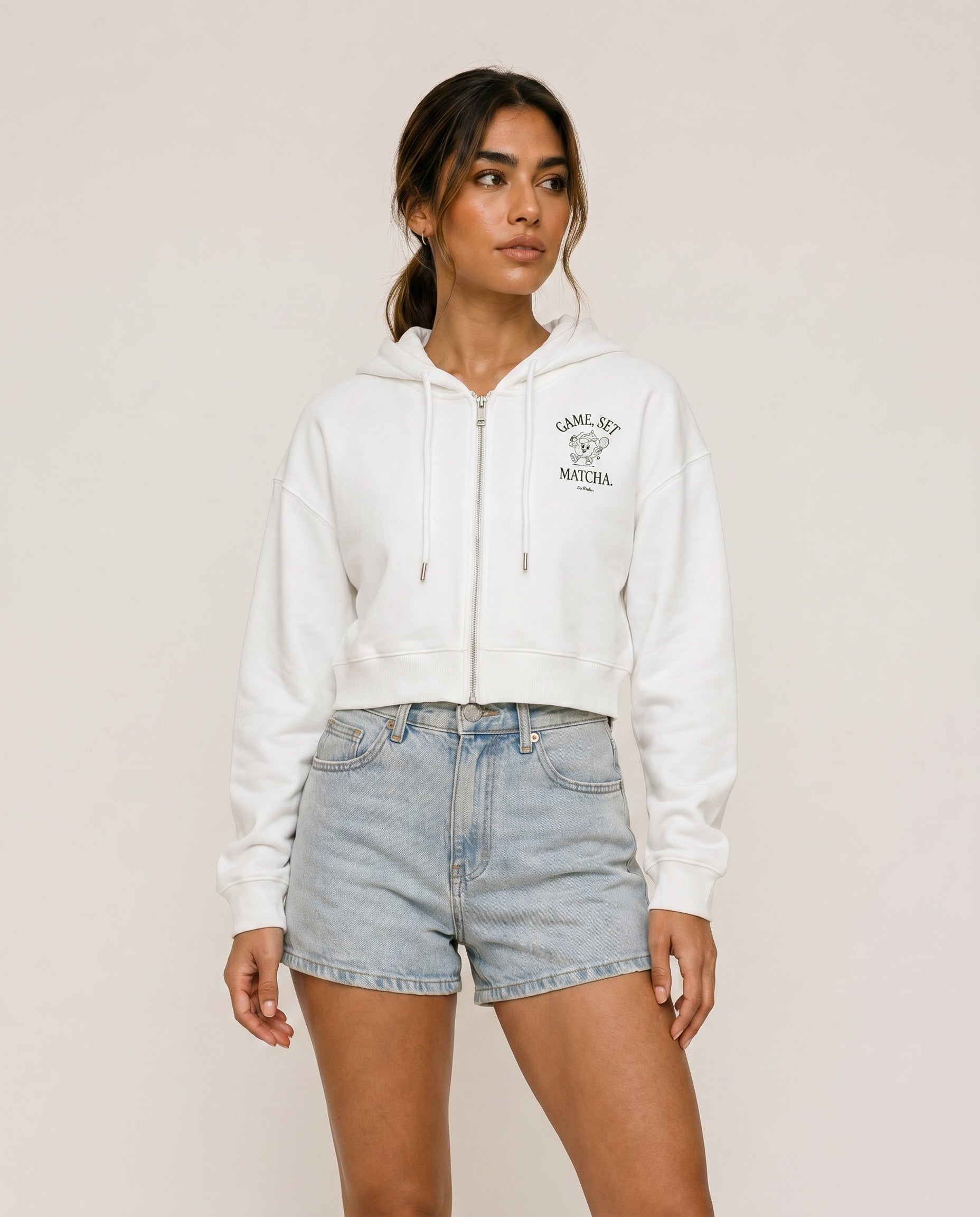 Game, Set, Matcha Cropped Hoodie - White