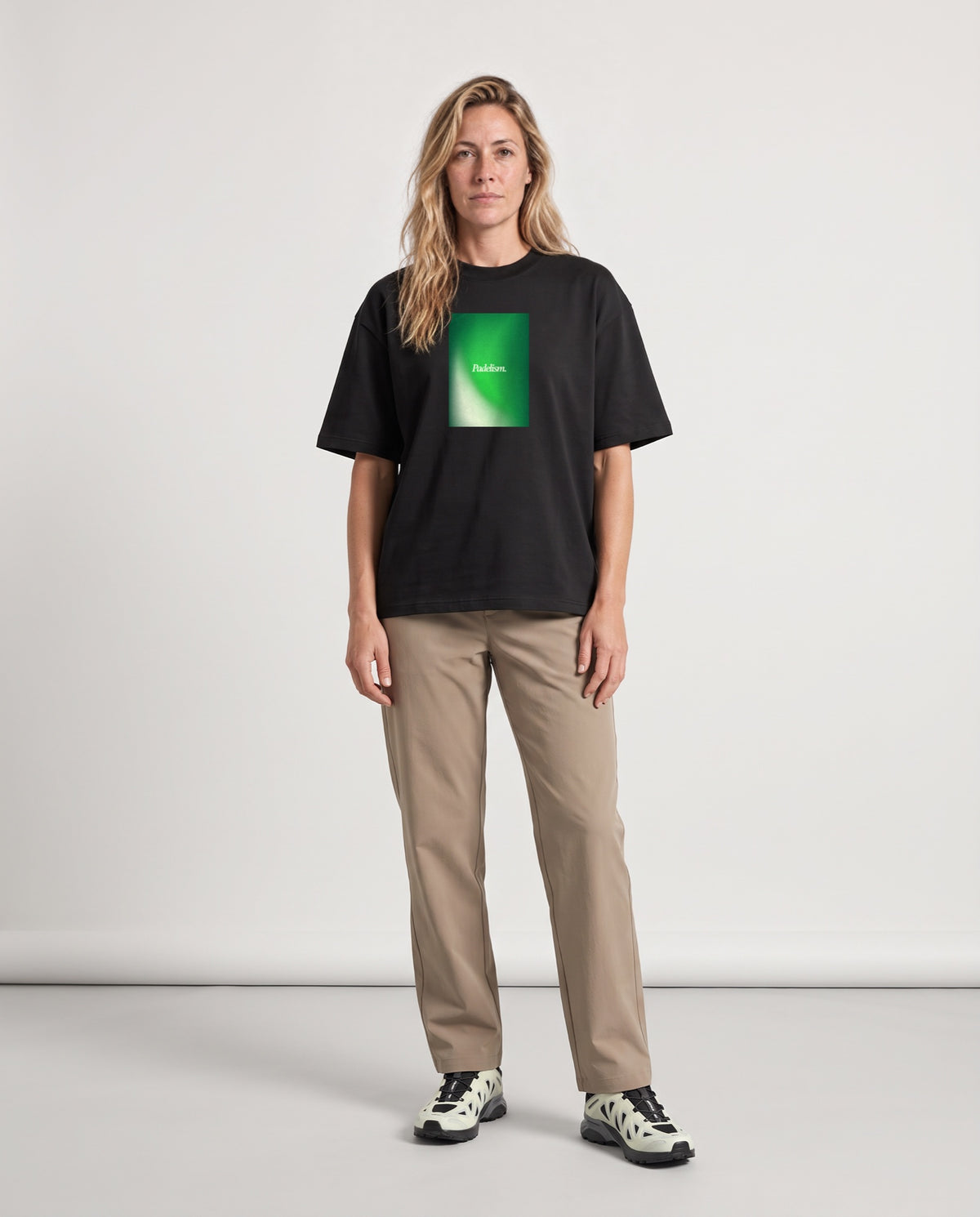 Gradient2 - Heavyweight T-Shirt in Black, worn on model, woman, front