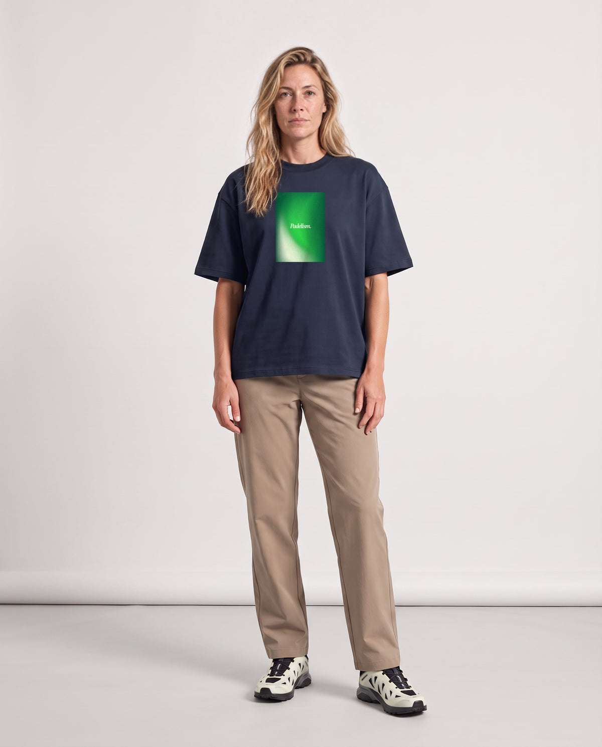 Gradient2 - Heavyweight T-Shirt in Navy, worn on model, woman, front