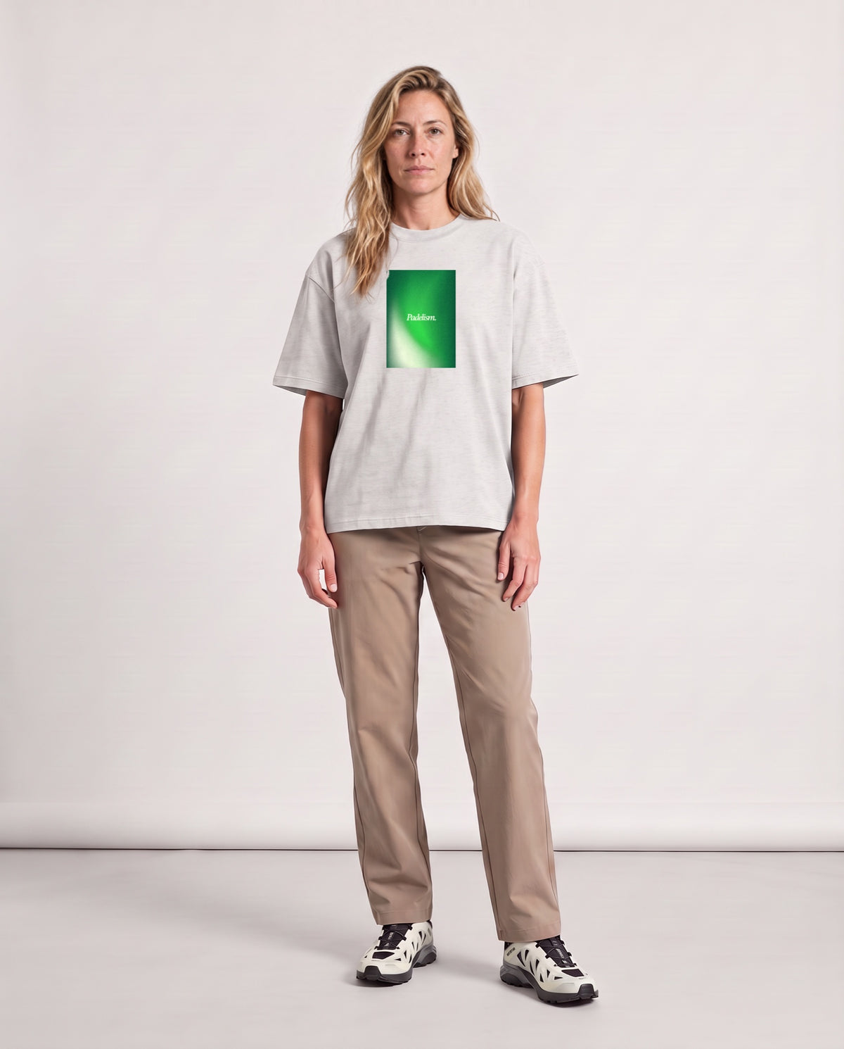 Gradient2 - Heavyweight T-Shirt in Oat Gray, worn on model, woman, front