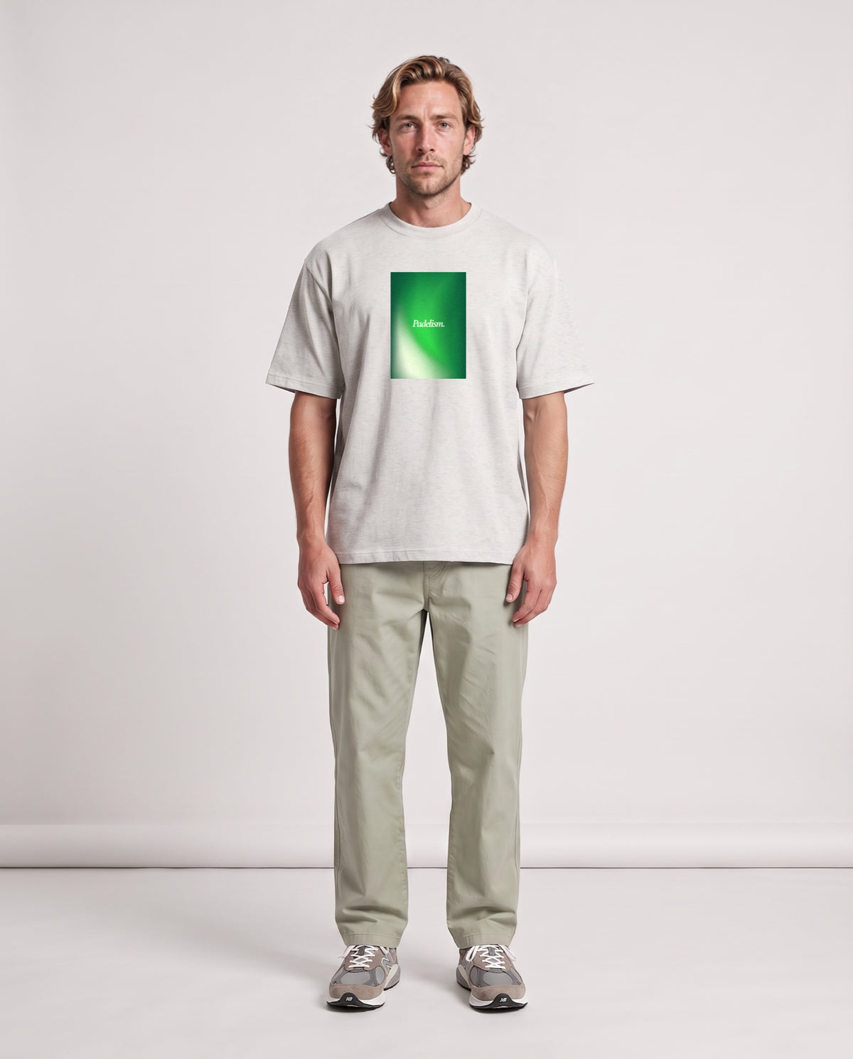 Gradient2 - Heavyweight T-Shirt in Oat Gray, worn on model, man, front