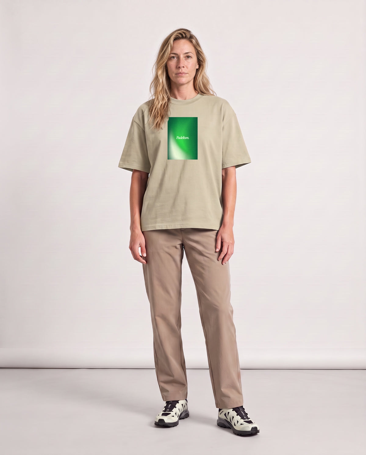 Gradient2 - Heavyweight T-Shirt in Sand Color, worn on model, woman, front
