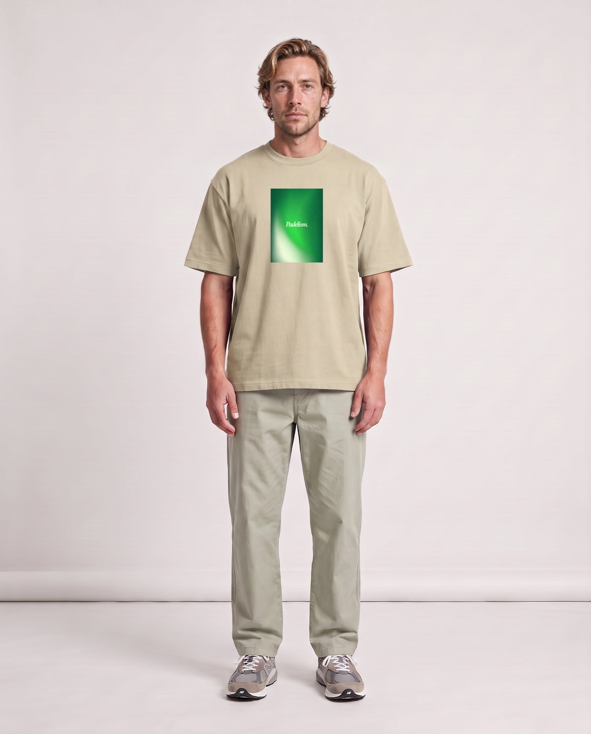 Gradient2 - Heavyweight T-Shirt in Sand Color, worn on model, man, front