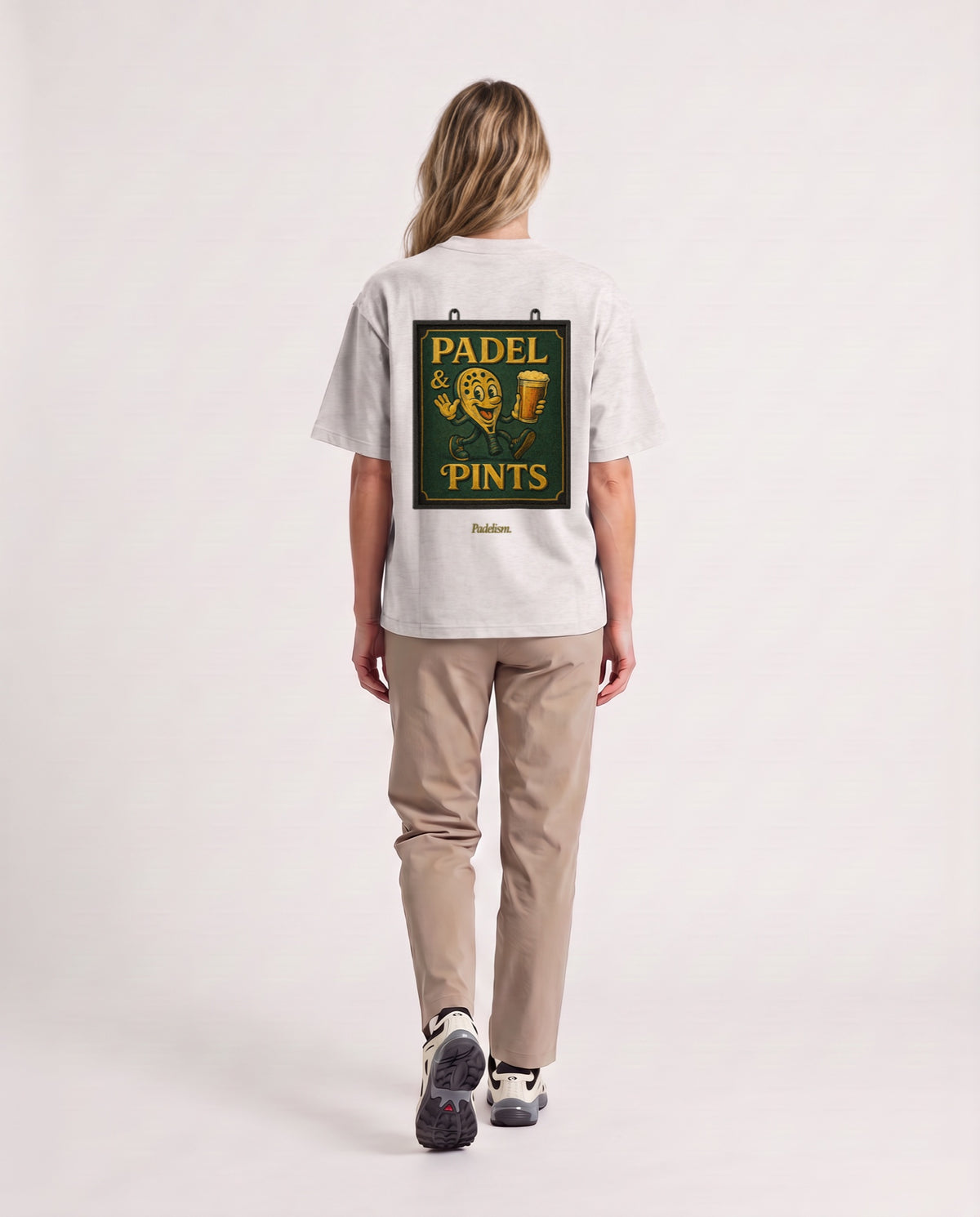 Swing Sign - Heavyweight T-Shirt in Oat Gray, worn on model, woman, back walk