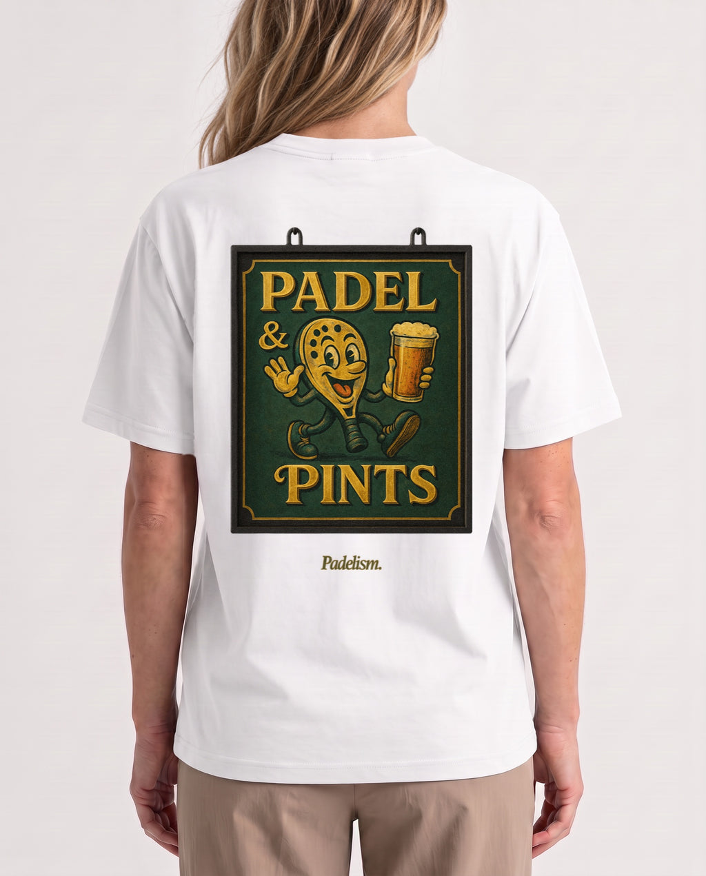 Swing Sign - Heavyweight T-Shirt in White, worn on model, woman, back close