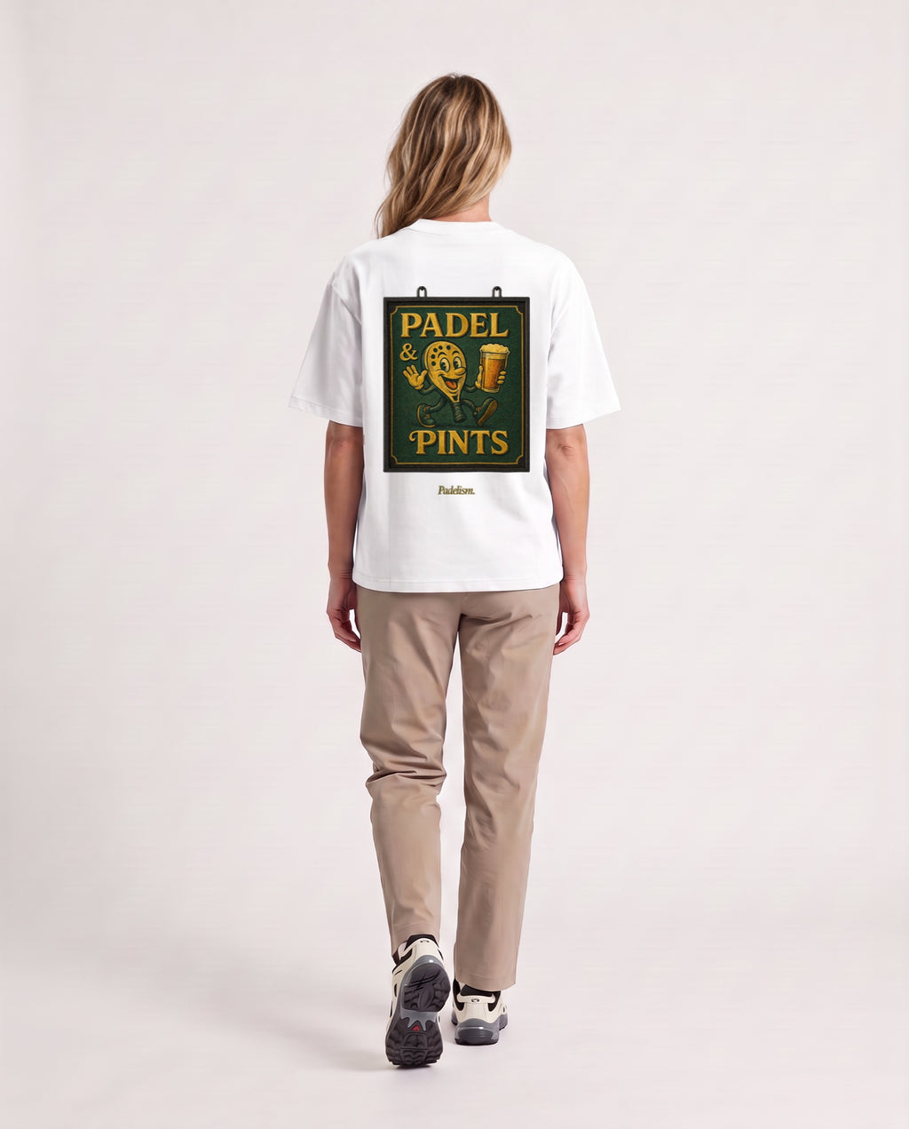 Swing Sign - Heavyweight T-Shirt in White, worn on model, woman, back walk