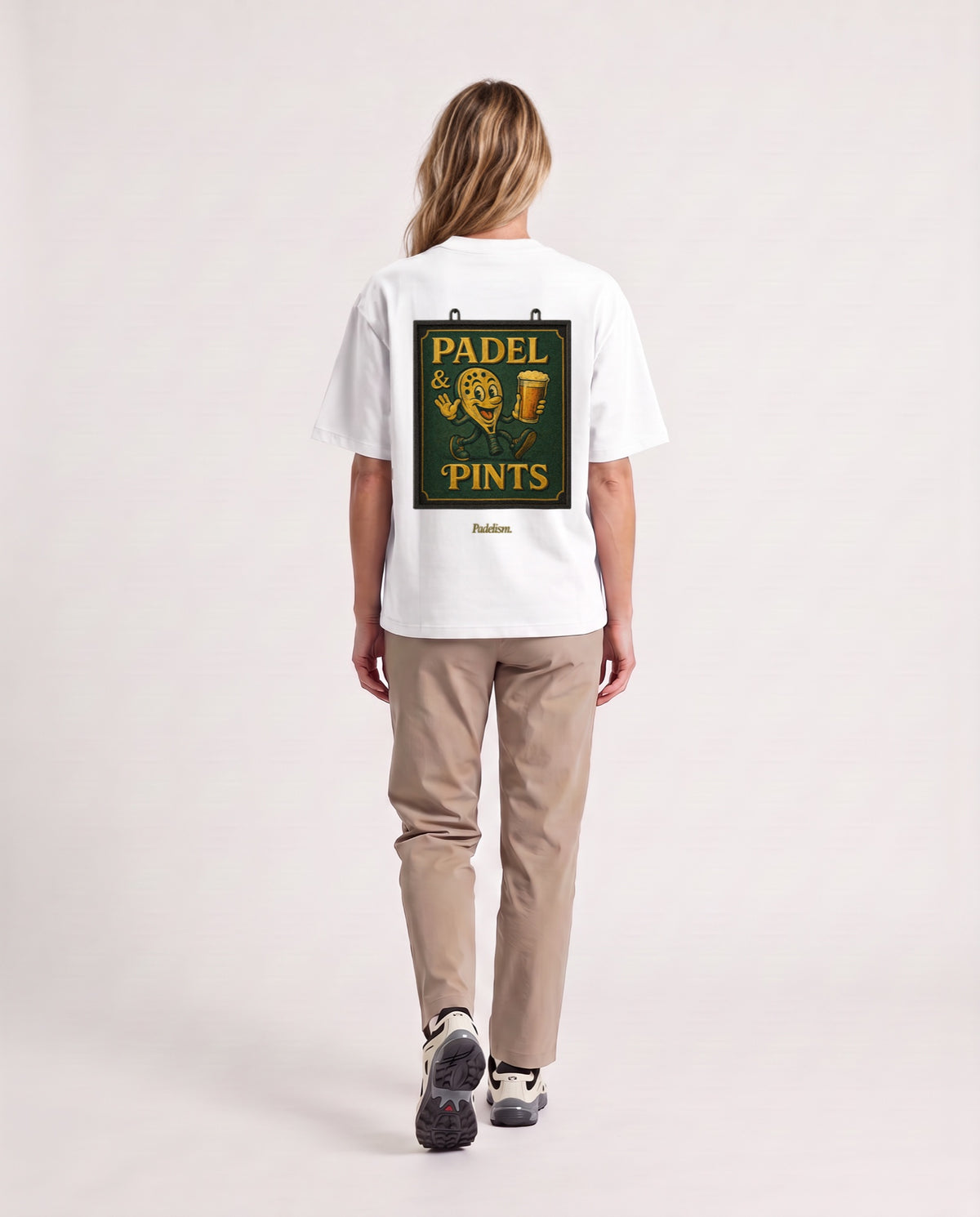 Swing Sign - Heavyweight T-Shirt in White, worn on model, woman, back walk