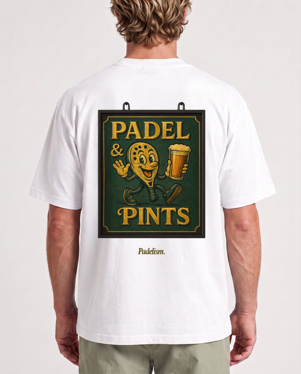 Swing Sign - Heavyweight T-Shirt in White, worn on model, man, back close