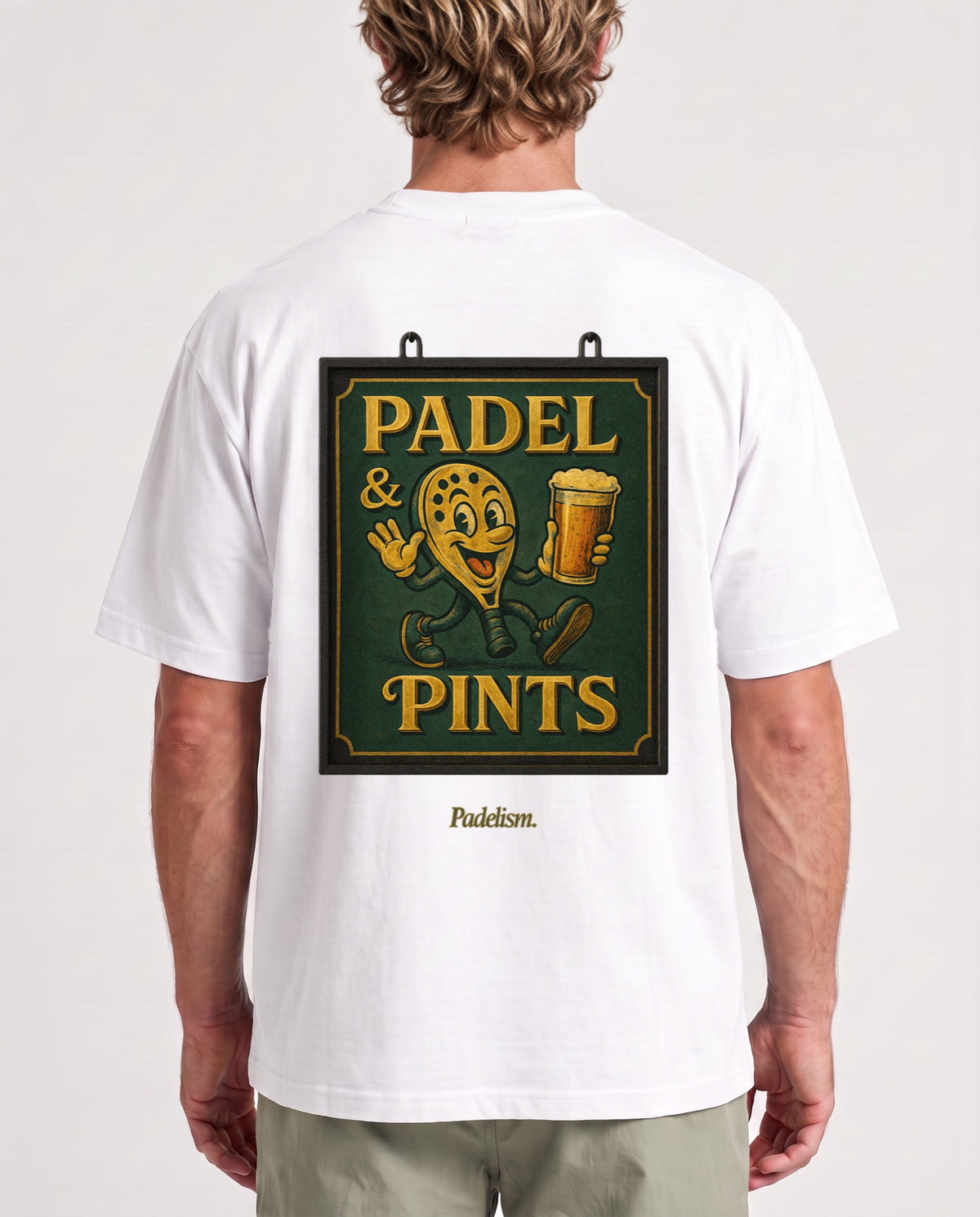 Swing Sign - Heavyweight T-Shirt in White, worn on model, man, back close