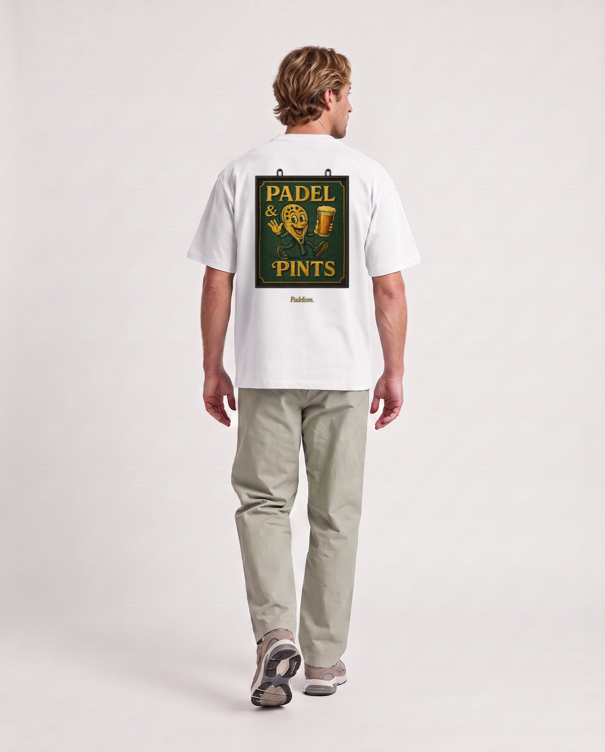 Swing Sign - Heavyweight T-Shirt in White, worn on model, man, back walk