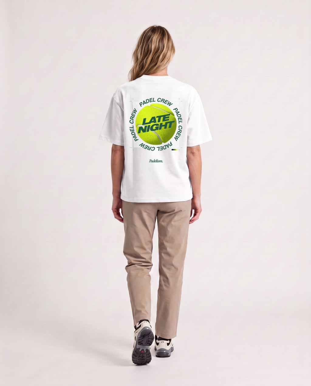 PNG - Heavyweight T-Shirt in White, worn on model, woman, back walk