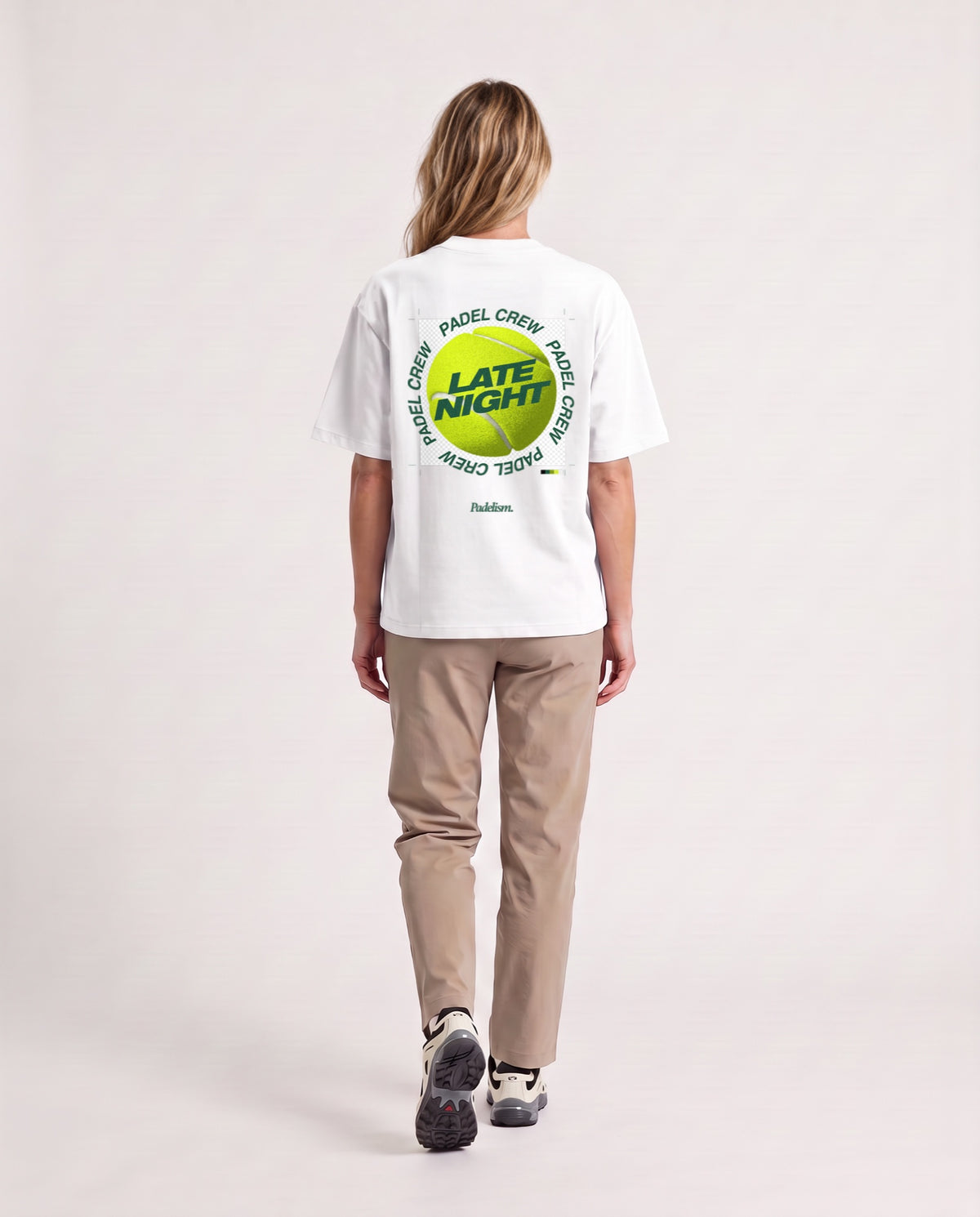 PNG - Heavyweight T-Shirt in White, worn on model, woman, back walk