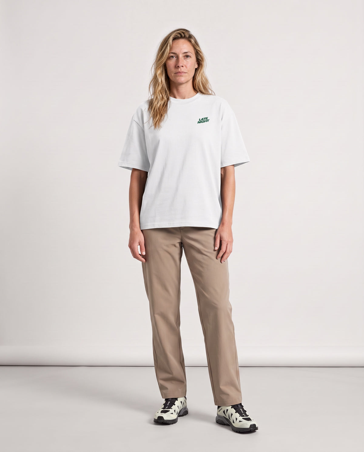 PNG - Heavyweight T-Shirt in White, worn on model, woman, front