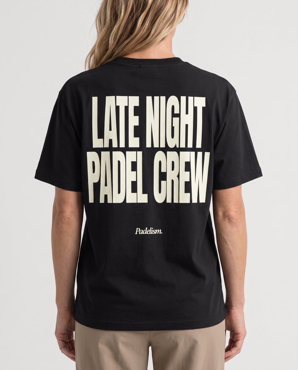 LNPC - Heavyweight T-Shirt in Black, worn on model, woman, back close