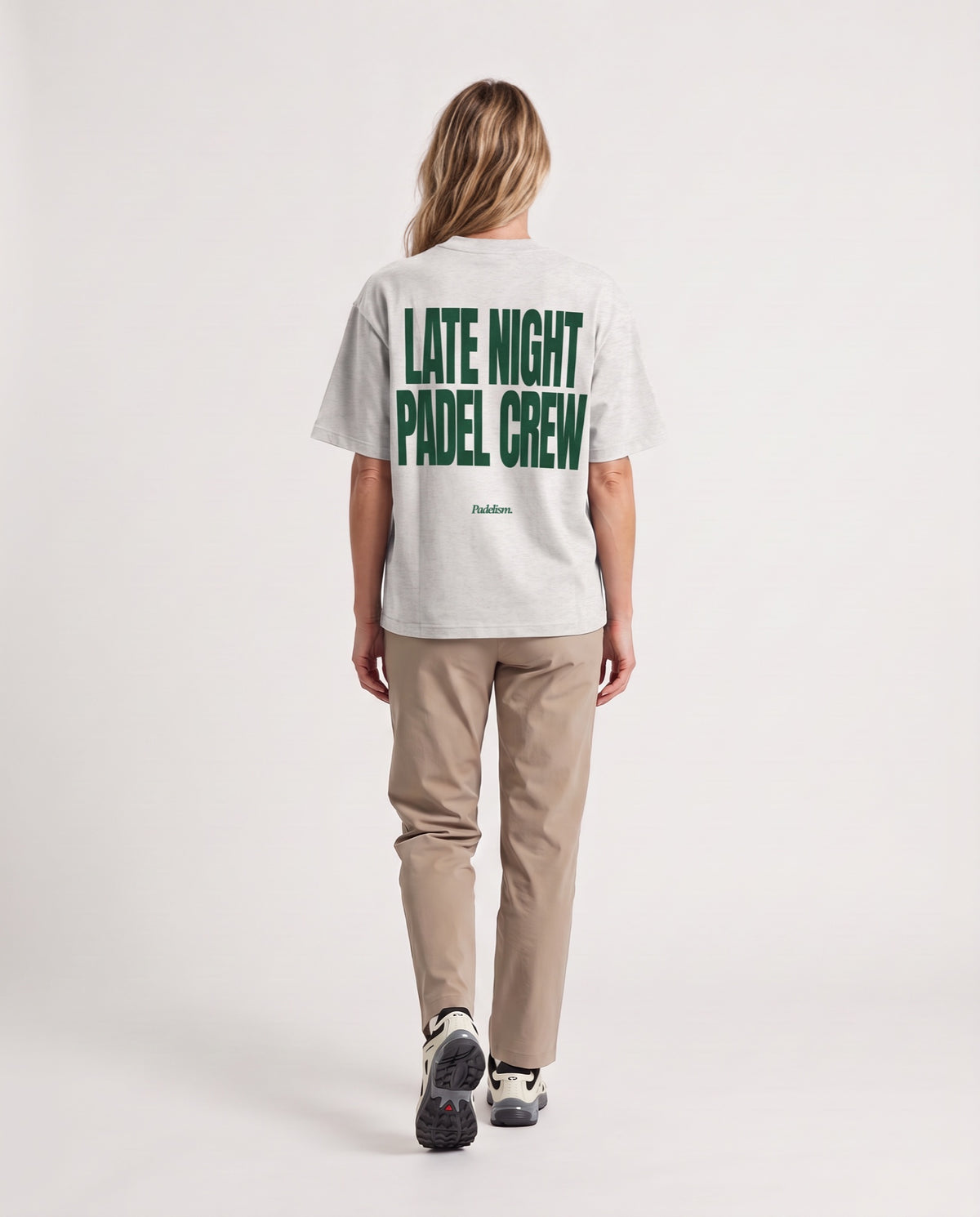 LNPC - Heavyweight T-Shirt in Oat Gray, worn on model, woman, back walk