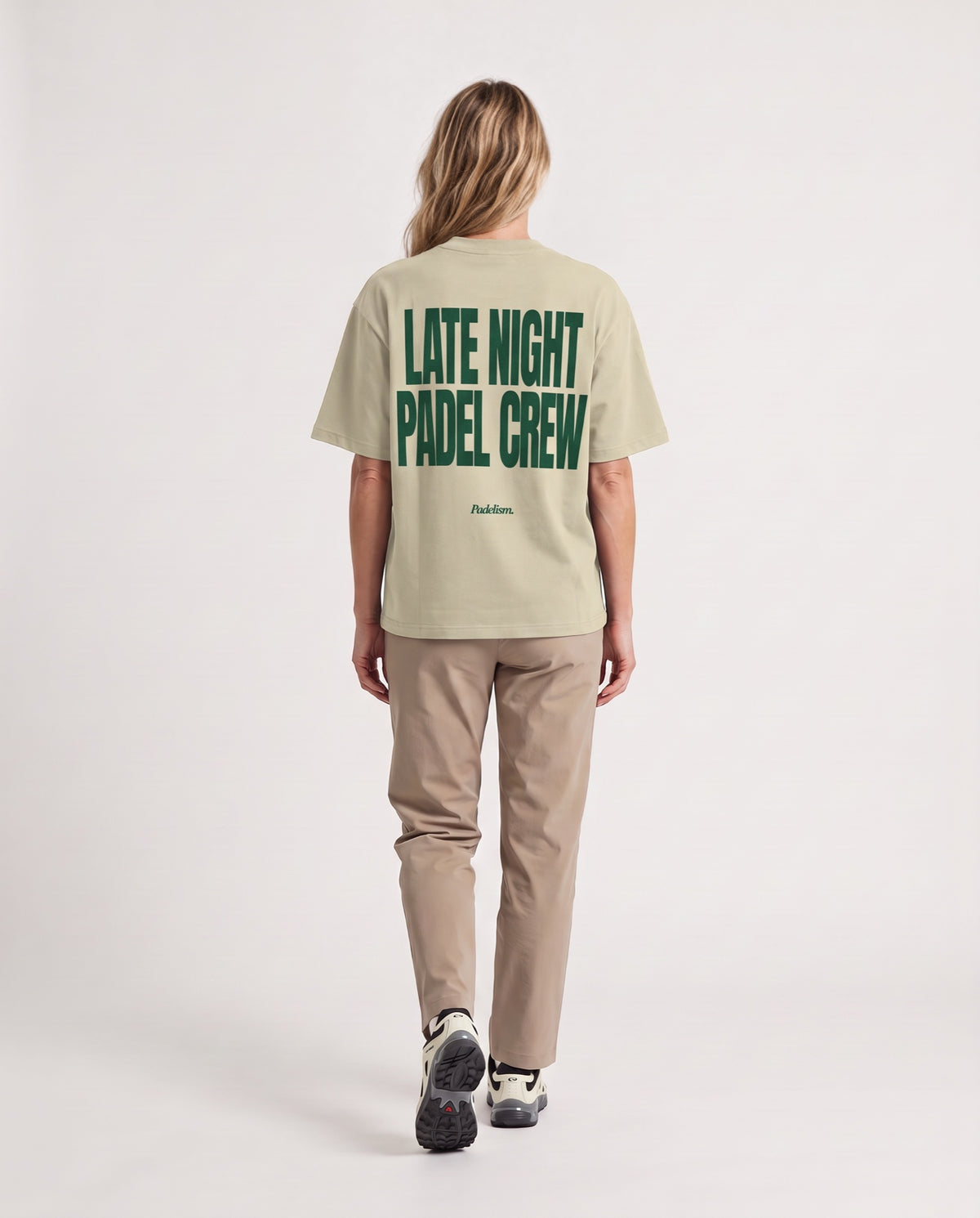 LNPC - Heavyweight T-Shirt in Sand Color, worn on model, woman, back walk