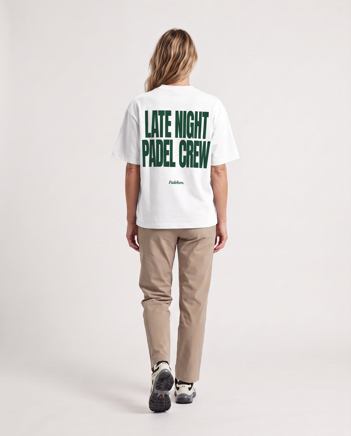 LNPC - Heavyweight T-Shirt in White, worn on model, woman, back walk