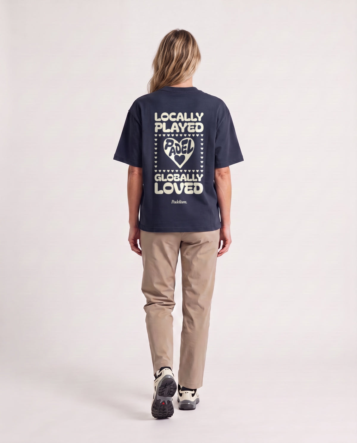 Love - Heavyweight T-Shirt in Navy, worn on model, woman, back walk