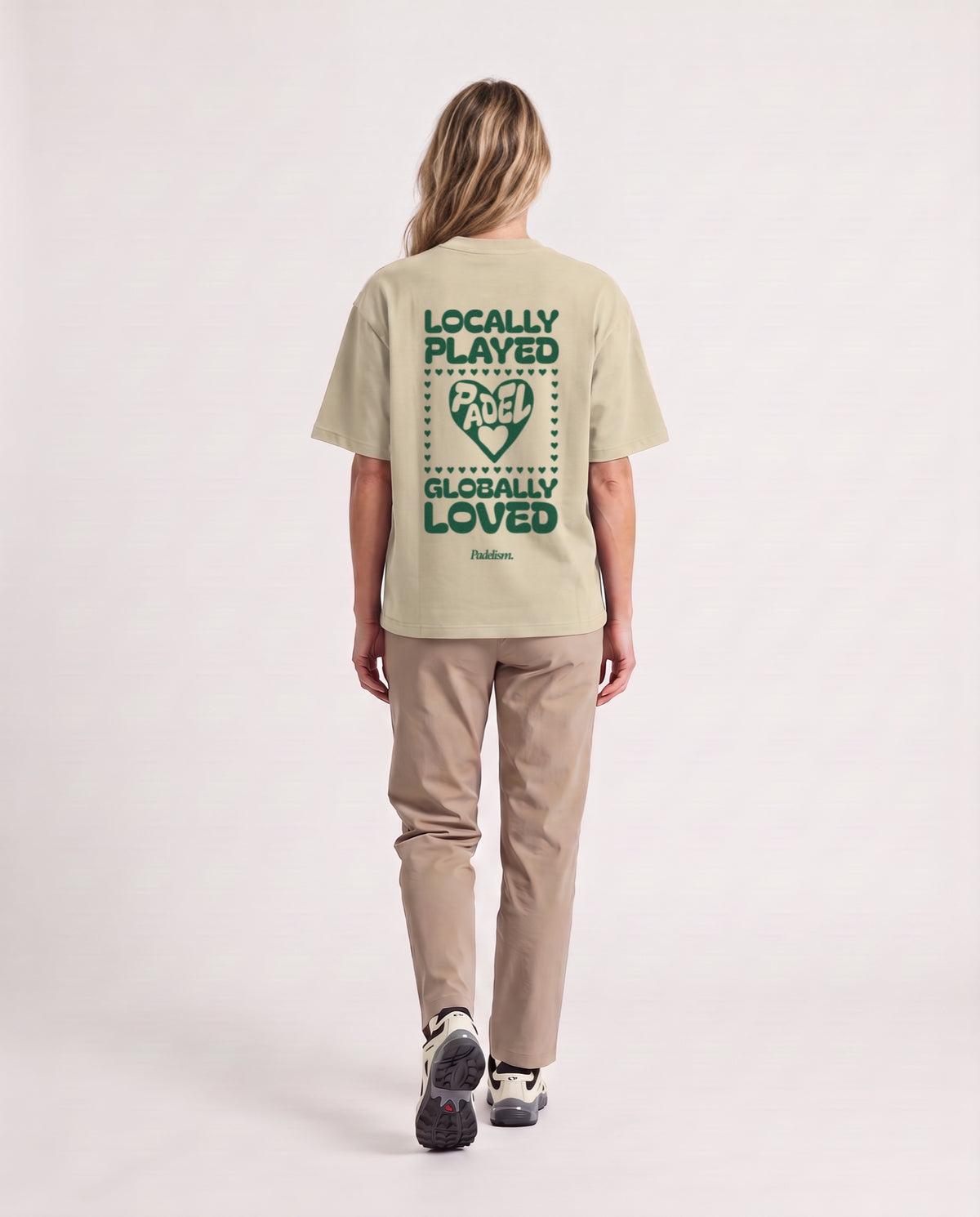 Love - Heavyweight T-Shirt in Sand Color, worn on model, woman, back walk