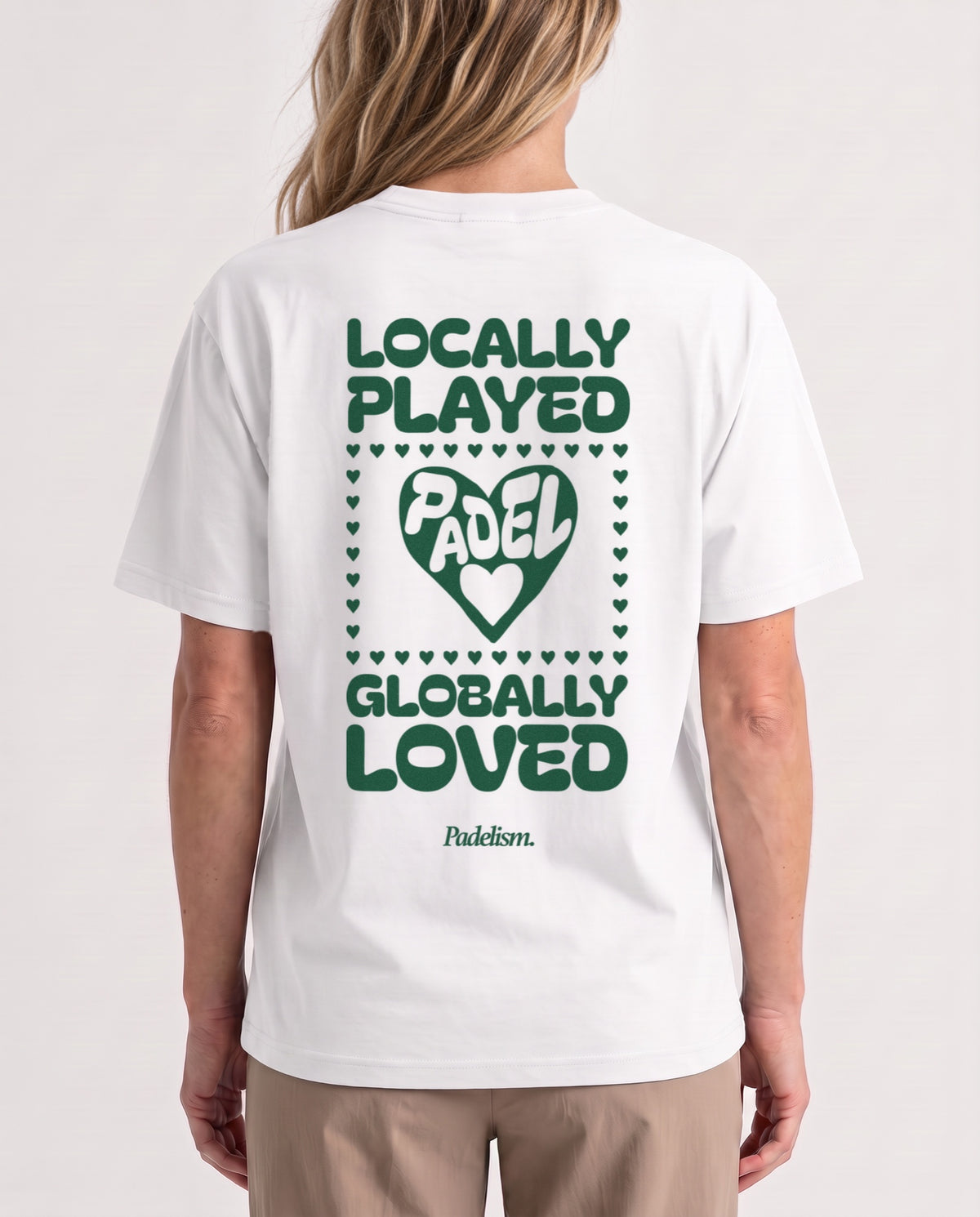 Love - Heavyweight T-Shirt in White, worn on model, woman, back close