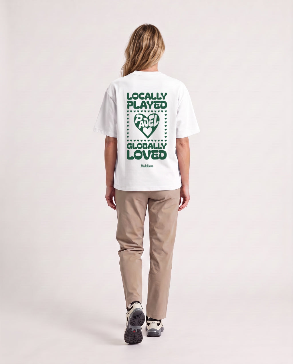 Love - Heavyweight T-Shirt in White, worn on model, woman, back walk