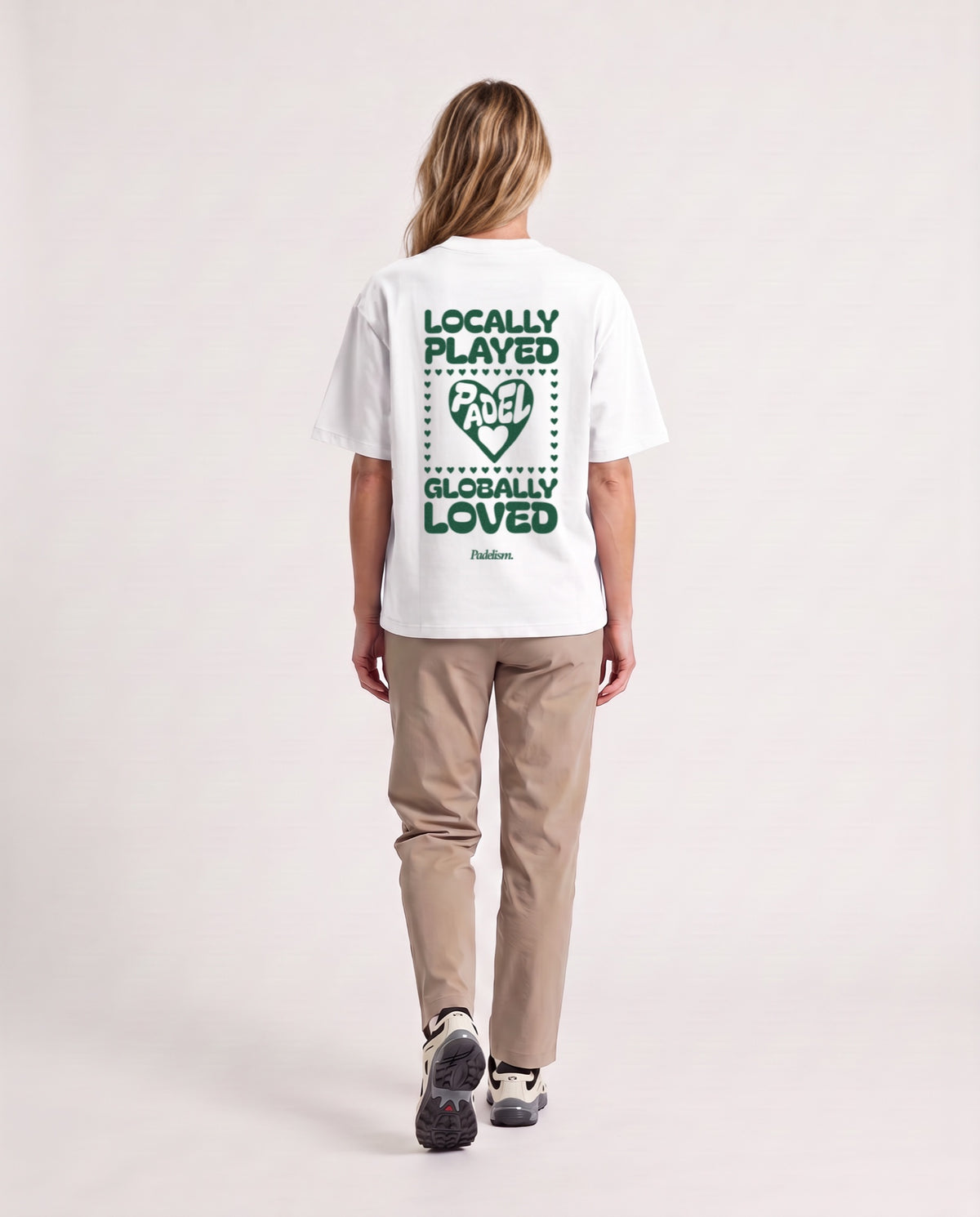 Love - Heavyweight T-Shirt in White, worn on model, woman, back walk