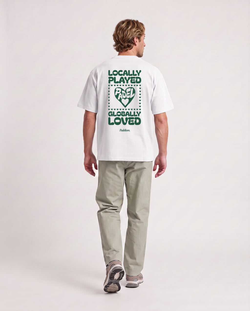 Love - Heavyweight T-Shirt in White, worn on model, man, back walk