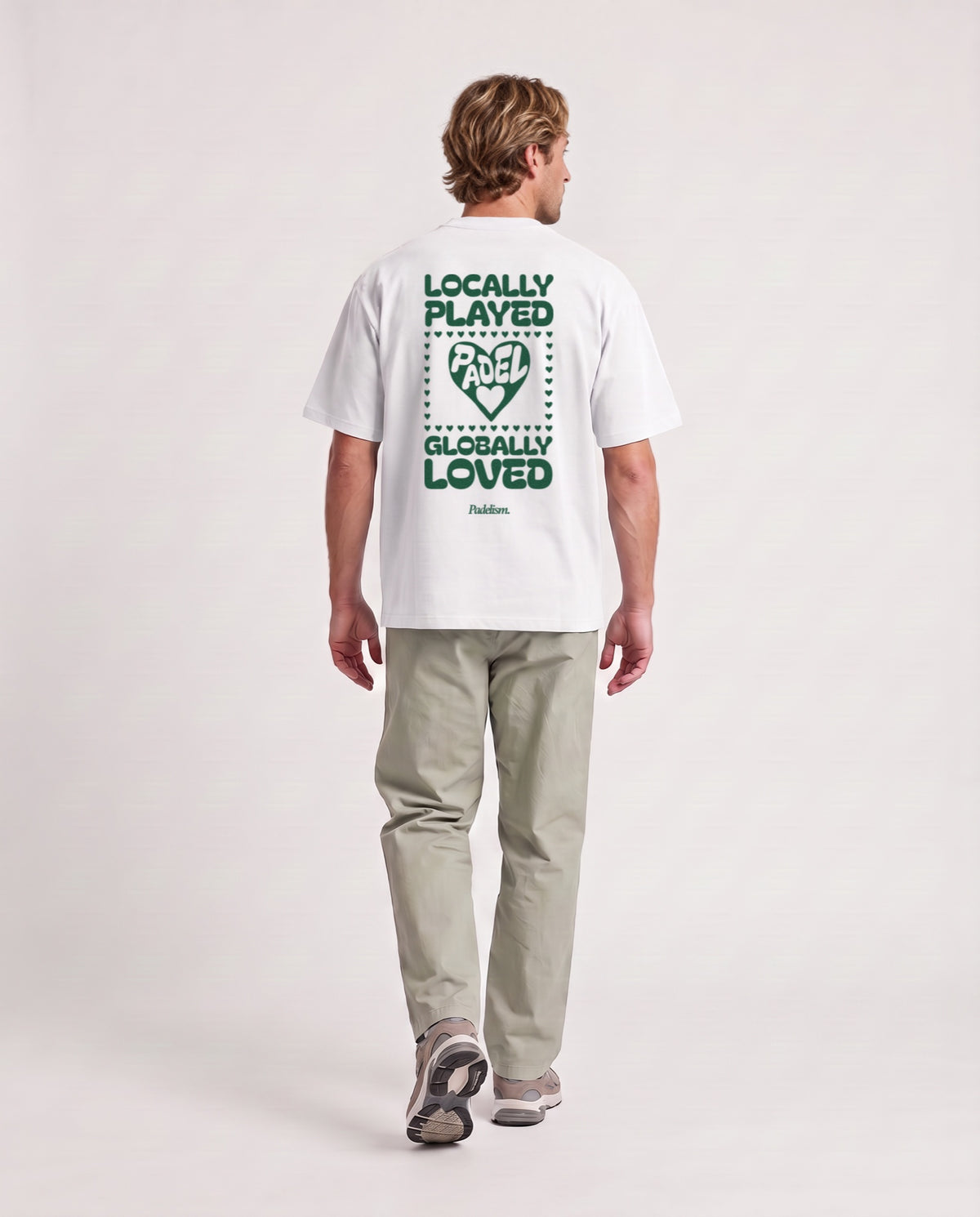 Love - Heavyweight T-Shirt in White, worn on model, man, back walk