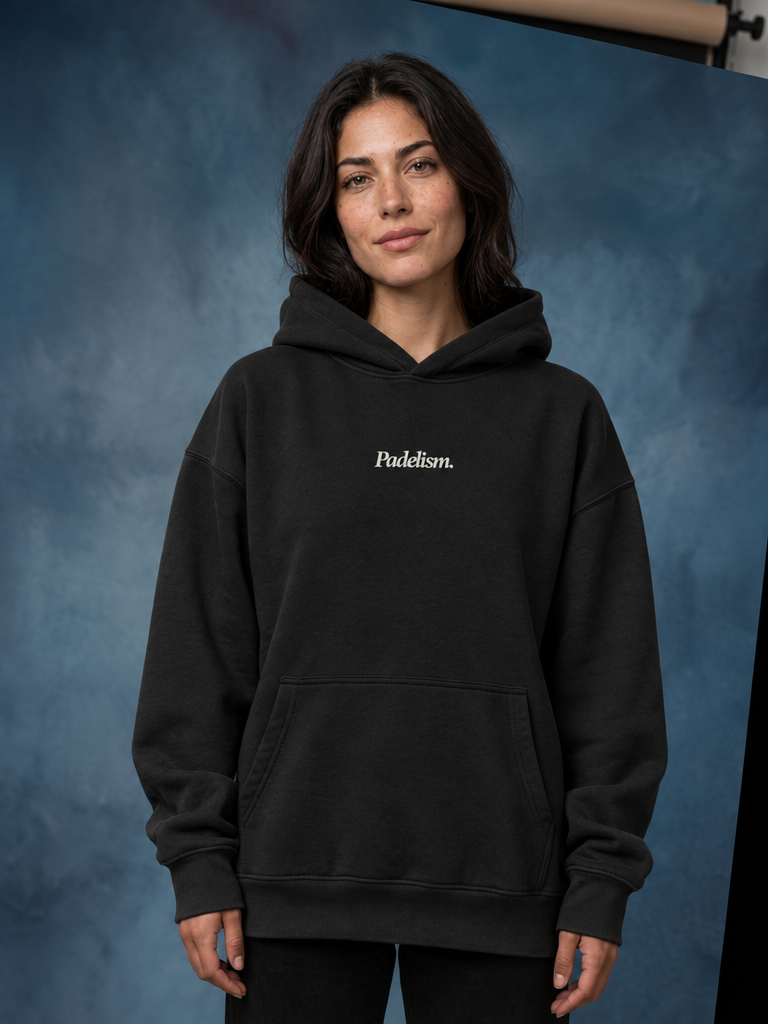 Padelism Mk1 - Box Hoodie in Black — female model, front