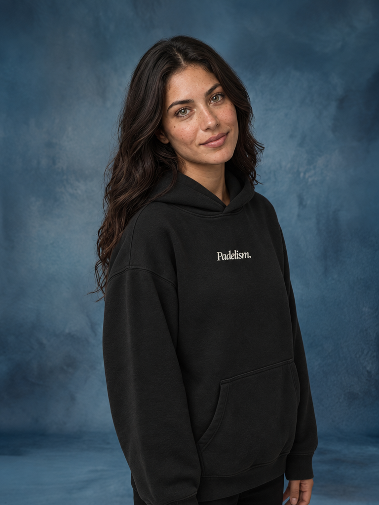 Padelism Mk1 - Box Hoodie in Black — female model, posed