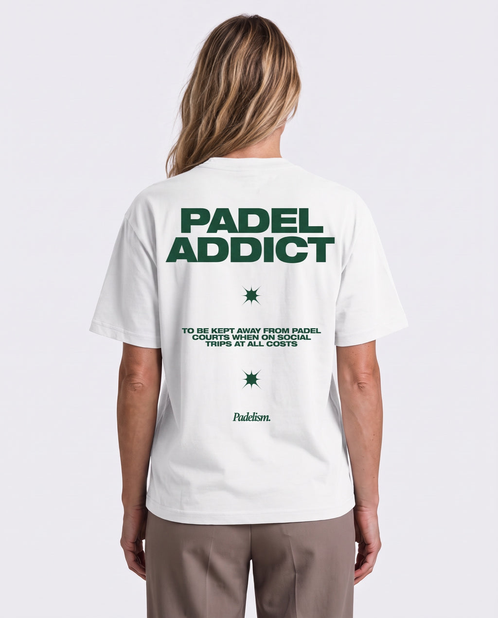 Padel Addict - Heavyweight T-Shirt in White, worn on model, woman, back close