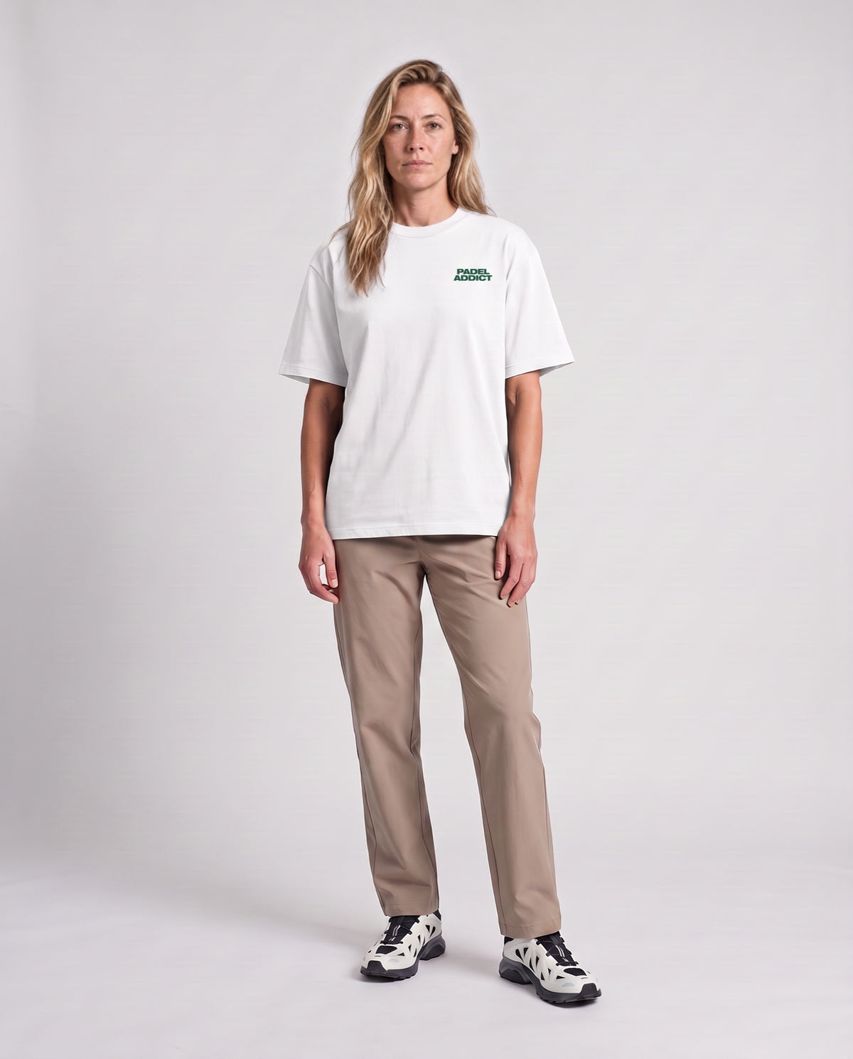 Padel Addict - Heavyweight T-Shirt in White, worn on model, woman, front