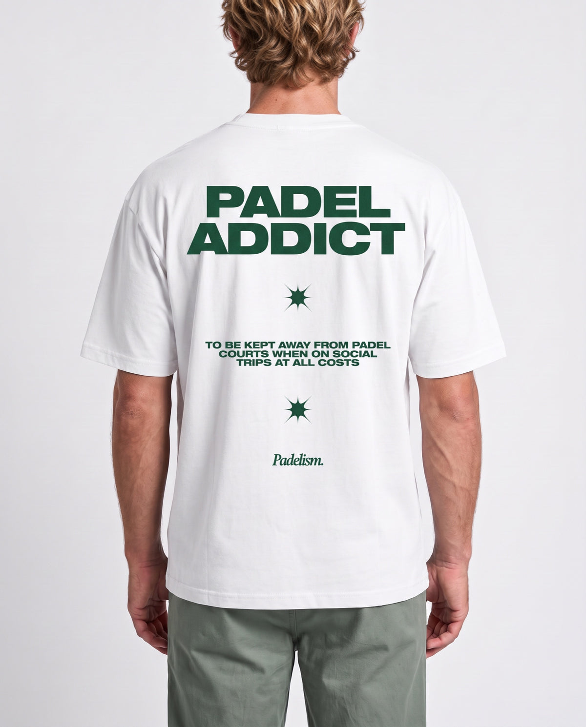 Padel Addict - Heavyweight T-Shirt in White, worn on model, man, back close